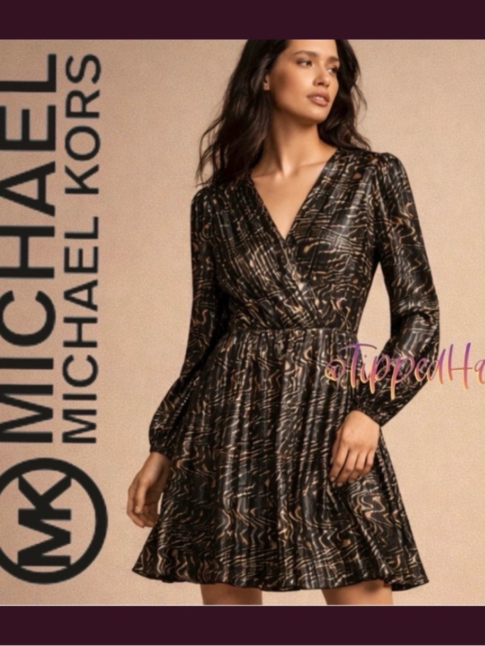 MICHAEL Michael Kors | Long Sleeve Pleated Foil Dress NWT $175